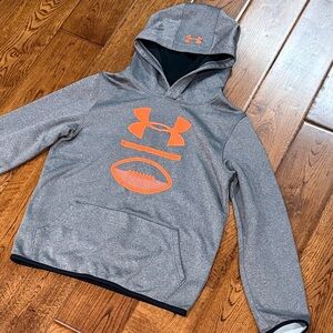 Under Armour boys Heather Gray Hoodie with Orange football , EUC sz M